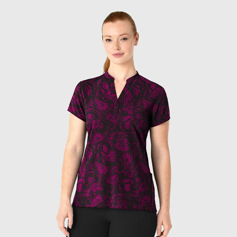 Women's Mandarin Collar Print Scrub Top - Sky Flutter Wine Innovate Your Wardrobe