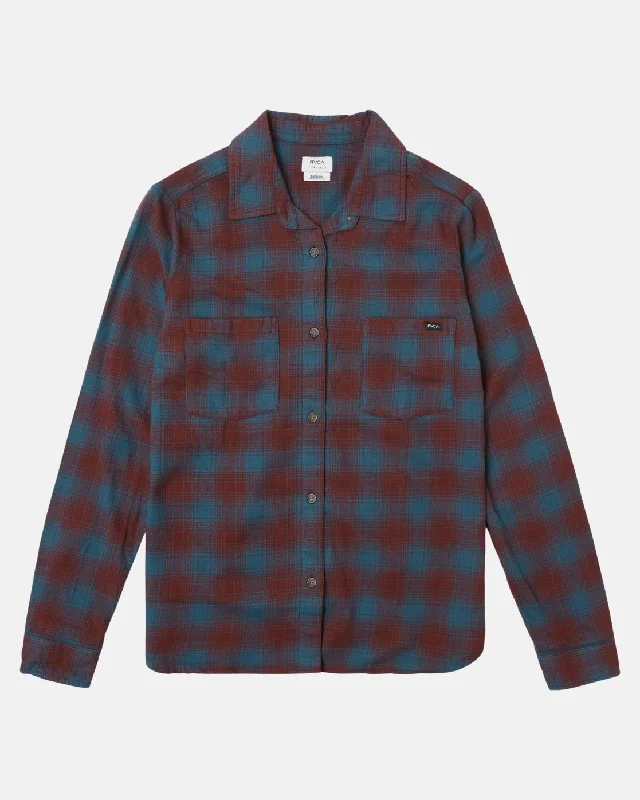 Figueroa Oversized Long Sleeve Flannel Shirt - Wine Trend Forward Women's Wear