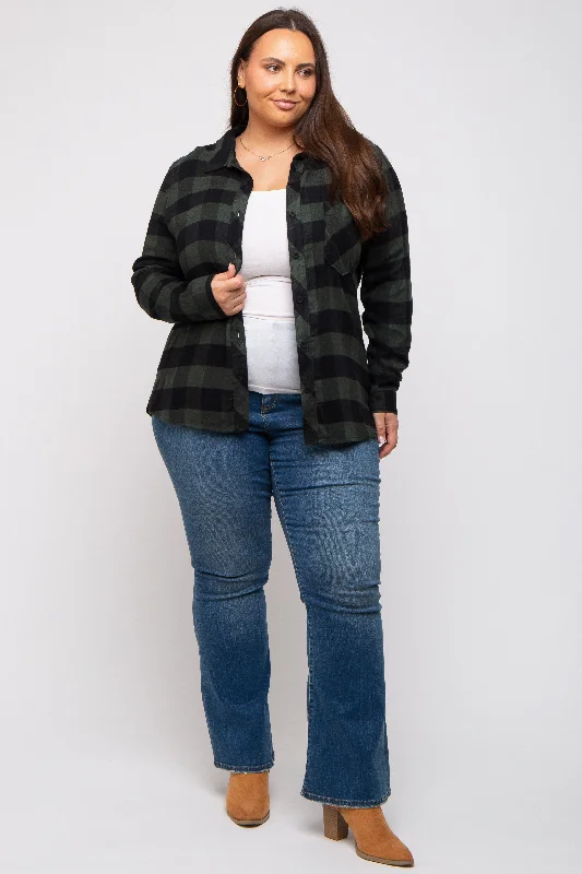 Forest Green Checkered Plus Long Sleeve Button Down Top Chic Style