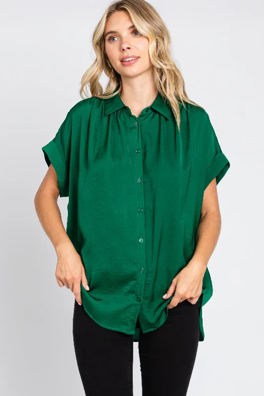 Forest Green Satin Button Front Collared Short Sleeve Top Romantic Date - Night Ensemble