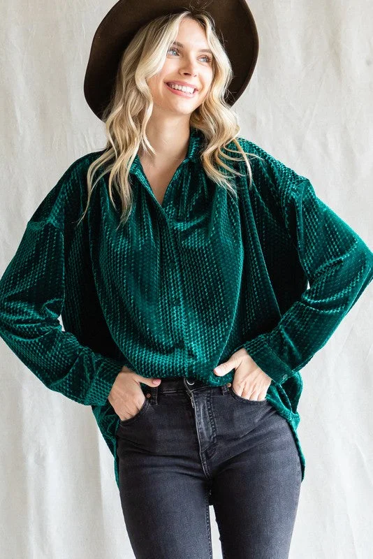 Forest Green Velvet Button Front Blouse Chic And Edgy