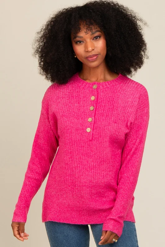 Fuchsia Buttoned Up Sweater Knit Top Casual Chic