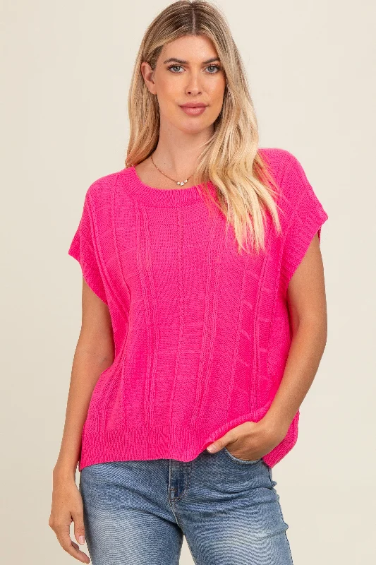 Fuchsia Knit Short Sleeve Sweater Top Limited Time