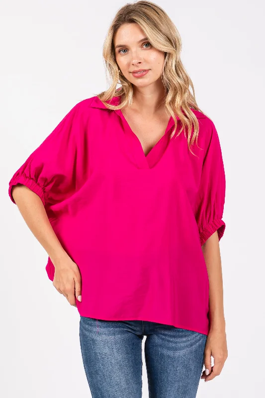 Fuchsia V-Neck Short Sleeve Top Exclusive Discount