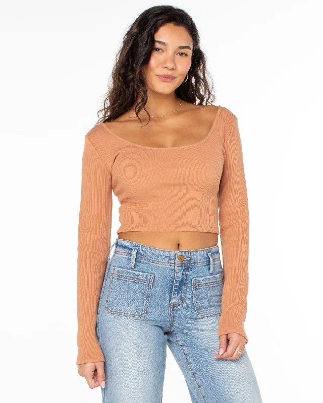 Good Keepsake Long Sleeve Crop Top - Russet Designer Wear On Sale