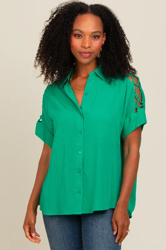 Green Button Down Lace-Up Shoulder Top Flowy Fabric