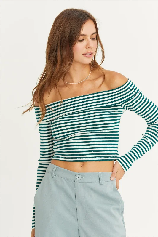 Green Striped Knit Off-The-Shoulder Crop Top Holiday Sale