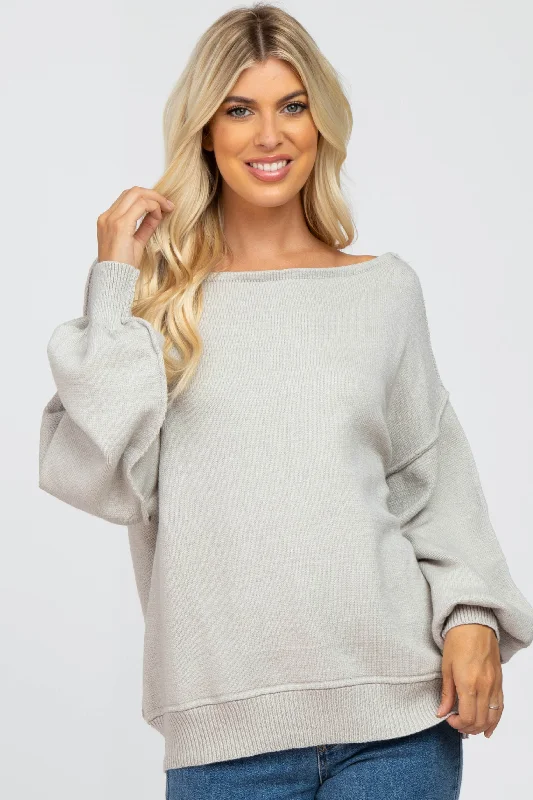 Grey Boat Neck Bubble Sleeve Sweater Flash Sales