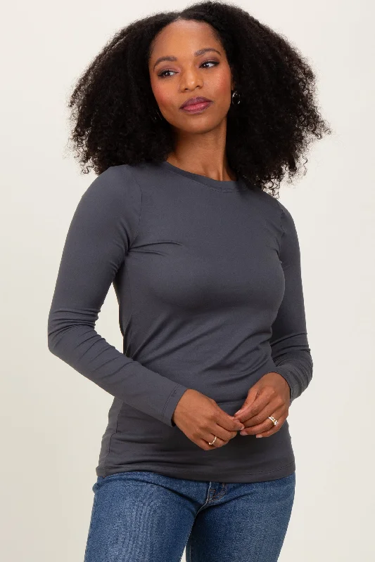 Grey Microfiber Basic Long Sleeve Top Discount Extravaganza