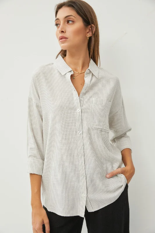 Grey Striped Basic Button Down Top Brand Name Clothing Discount Extravaganza