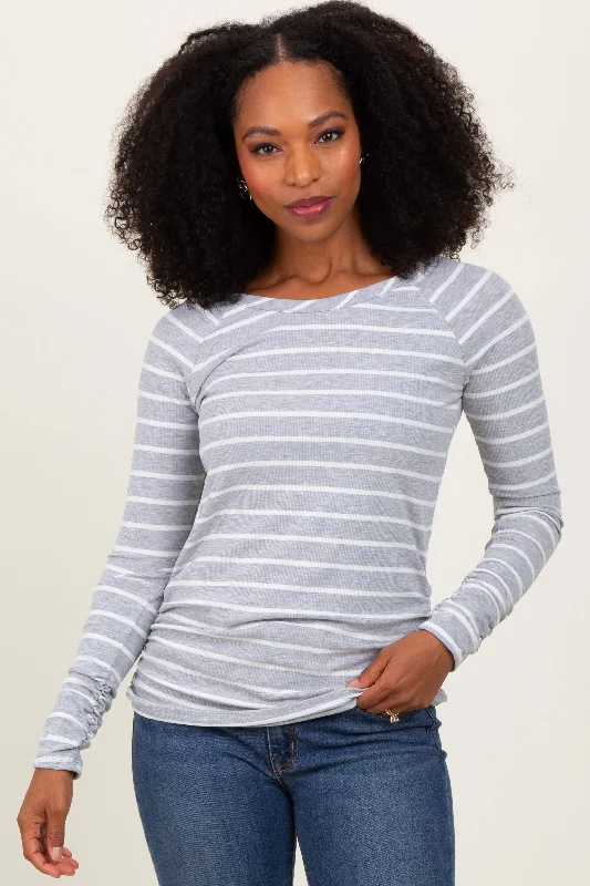 Grey Striped Ruched Side Long Sleeve Top Refined Look