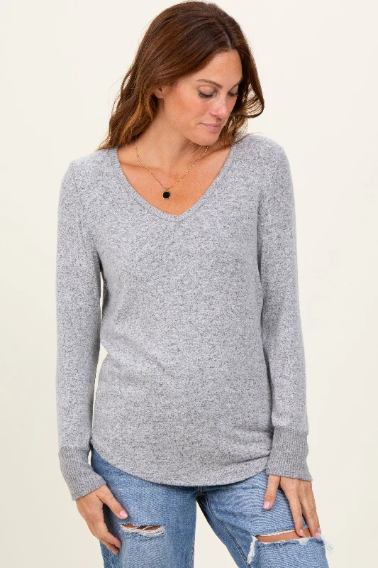 Heather Grey Brushed Knit Relaxed V-Neck Long Sleeve Top Daily Essentials