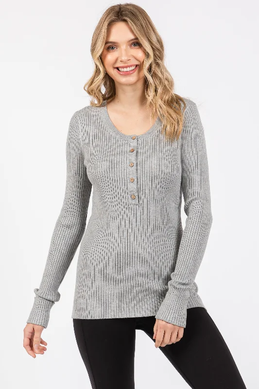 Heather Grey Ribbed Henley Top Limited Time Special Offer