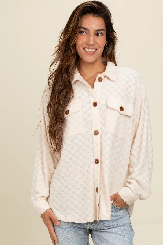 Ivory Checker Plaid Button Down Shirt Vibrant Femme Fashion