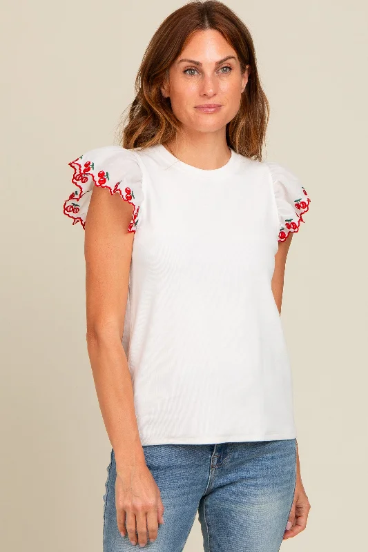 Ivory Embroidered Ruffle Sleeve Top Contemporary Chic