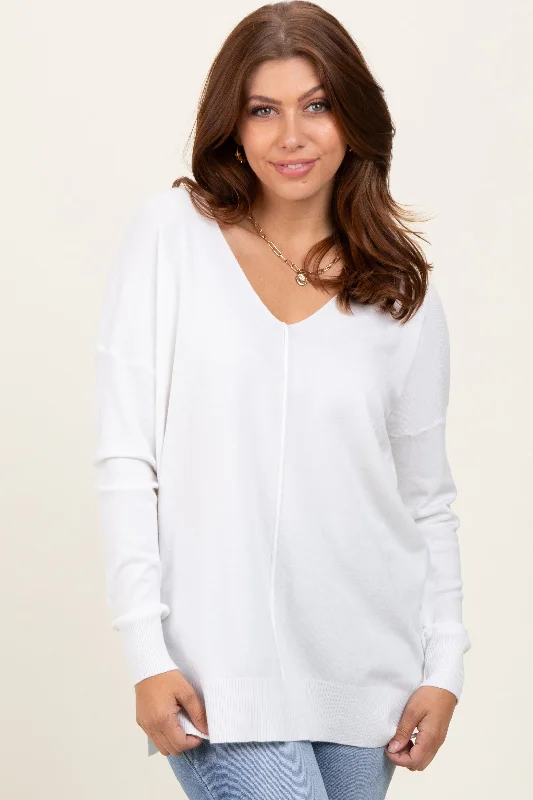 Ivory  Front Seam V-Neck Side Slit Sweater Step Ahead, Lead The Trend