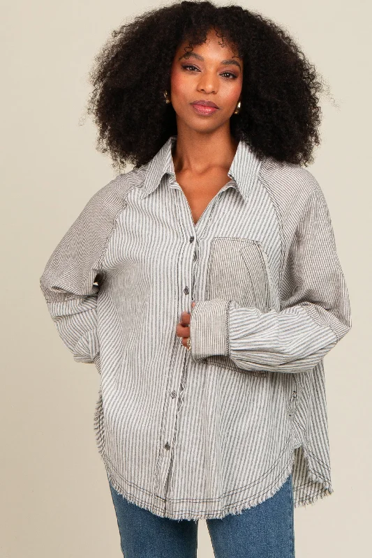 Ivory Striped Button Down Oversized Long Sleeve Top Flowing Silhouette