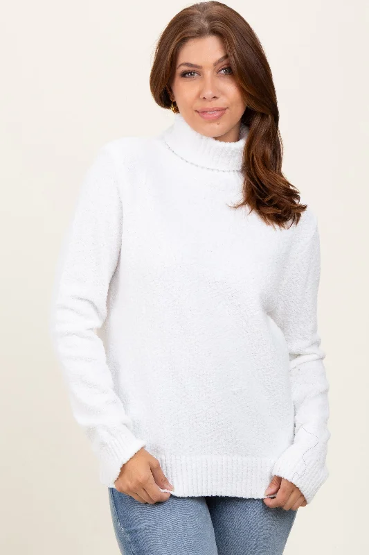 Ivory Turtleneck Chenille Knit Sweater Trendy Women's Collection