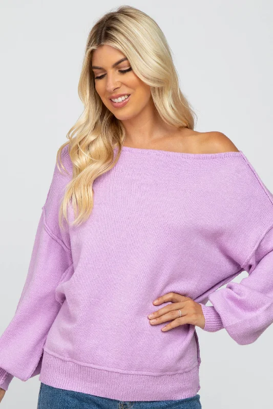 Lavender Boat Neck Bubble Sleeve Sweater All Season Basics Discount