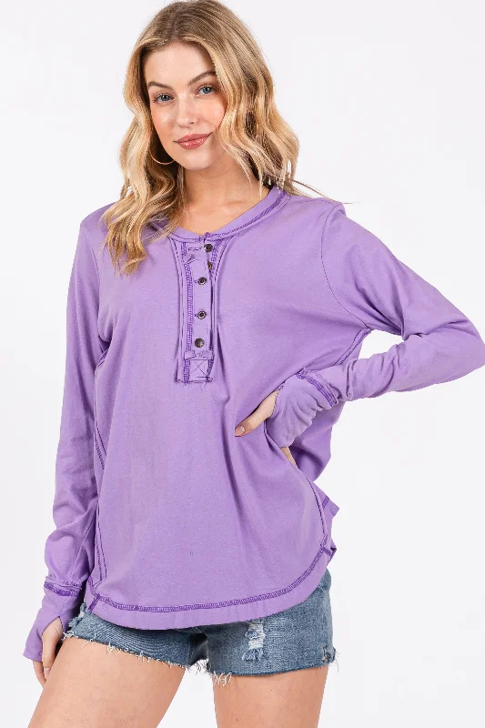 Lavender Long Sleeve Exposed Seam Top Latest Trends