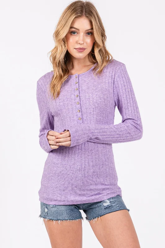 Lavender Ribbed Knit Button Long Sleeve Top Big Discounts