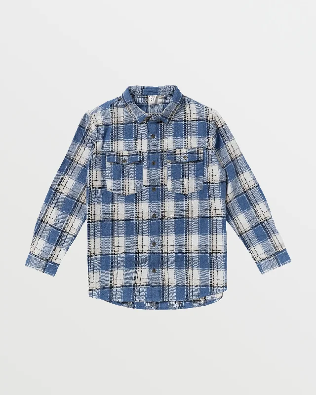 Let It Go Long Sleeve Flannel Shirt - Bijou Blue Forrest Plaid Mega Sales