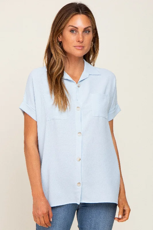 Light Blue Collared Button-Down Short Sleeve Blouse End Of Season Sale