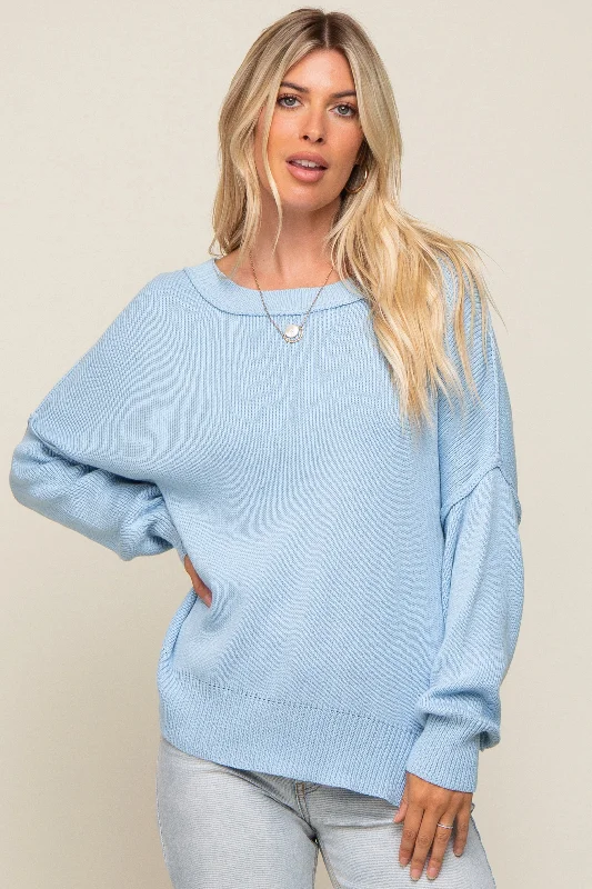 Light Blue Exposed Seam Side Slit Sweater Seasonal Trend