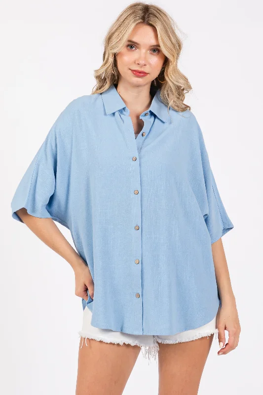 Light Blue Linen Dolman Half Sleeve Button Down Top First Order Discount