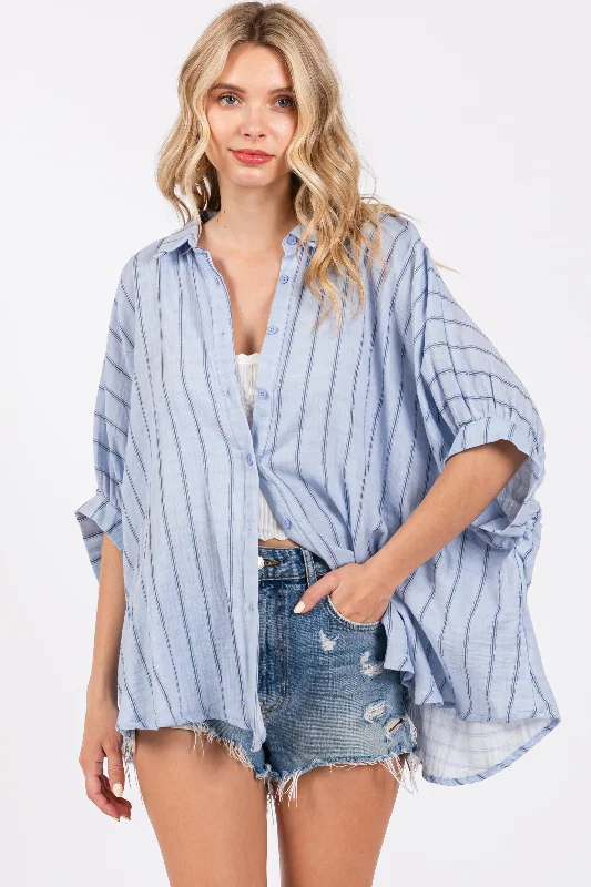 Light Blue Striped Collared Oversized Top Limited Stock