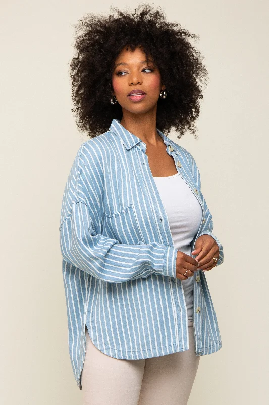 Light Blue Striped Front Pocket Button Up Top Feminine Charm