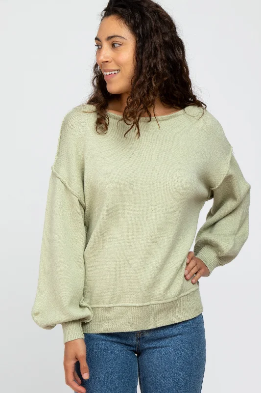 Light Olive Boat Neck Bubble Sleeve Sweater Budget Saver