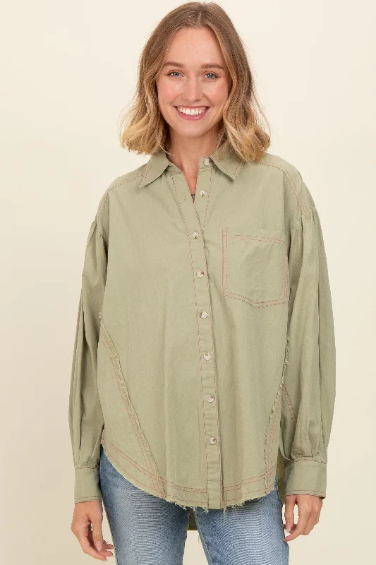 Light Olive Contrast Stitch Button Up Collared Long Sleeve Top Comfort First Women's Fashion