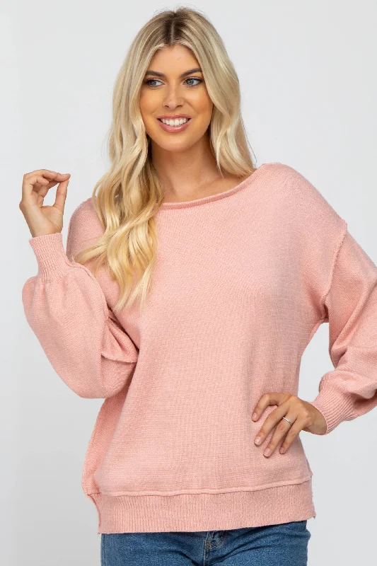 Light Pink Boat Neck Bubble Sleeve Sweater Exquisite Women's Wear Sale