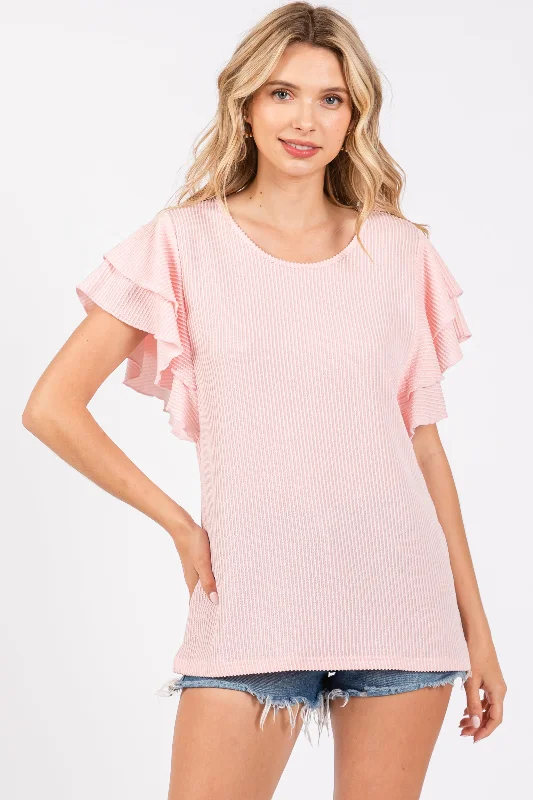 Light Pink Ruffle Sleeve Ribbed Top Season Sale