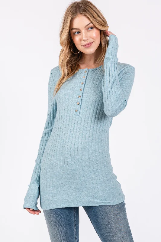 Light Teal Ribbed Knit Button Long Sleeve Top Hot Deals