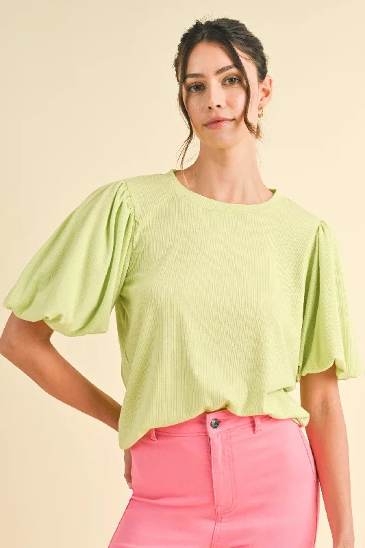 Lime Ribbed Puff Short Sleeve Top Trend Alert