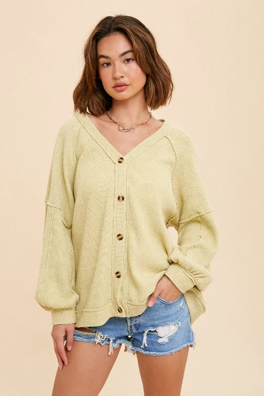 Lime Waffle Knit Button Long Sleeve Top Elegant Attire For The Modern Lady