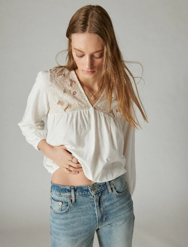 Lucky Brand Women's Floral Cutwork Knit Top Exclusive Sale