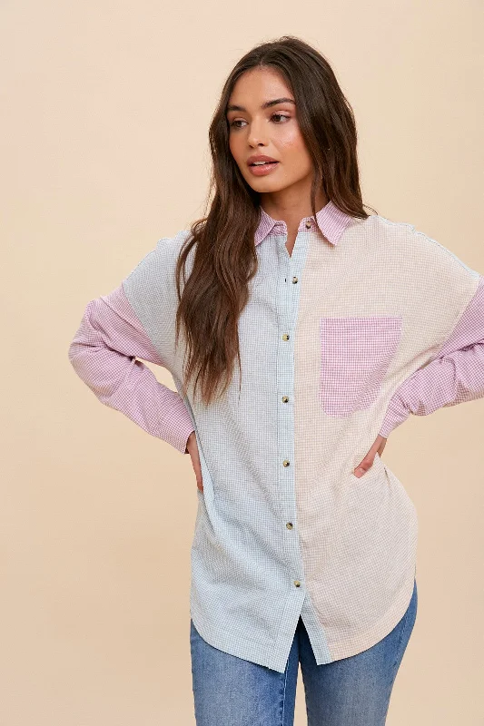 Magenta Colorblock Gingham Button Down Top Playful Elegance