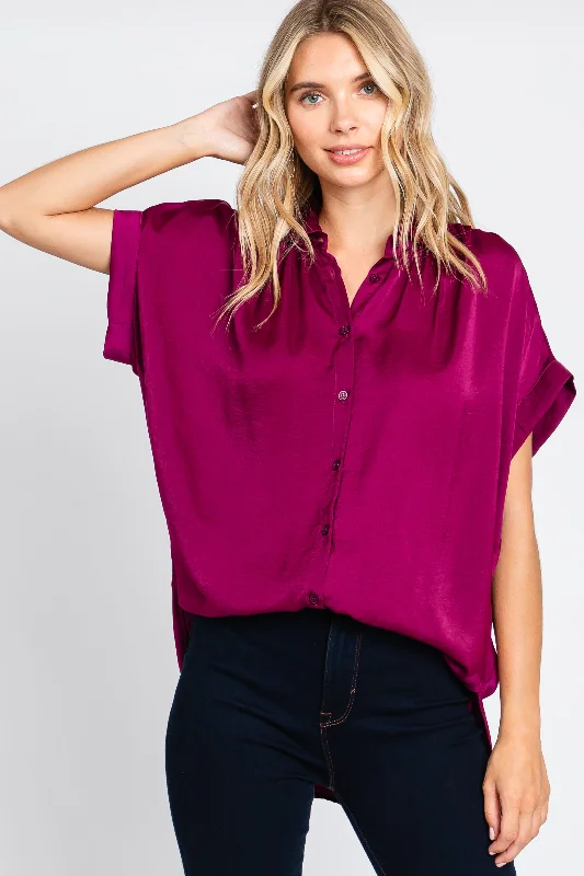 Magenta Satin Button Front Collared Short Sleeve Top Bold Patterns