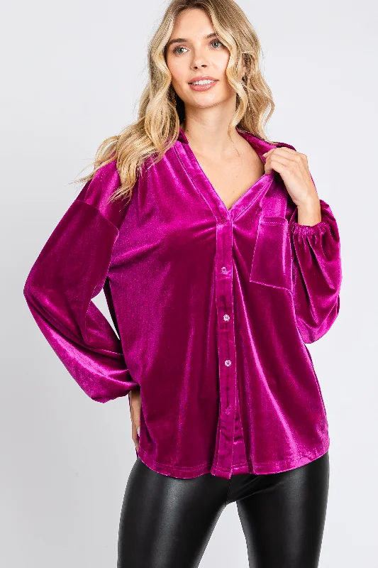 Magenta Velvet Button Fron Collared Blouse Chic Wardrobe Essentials