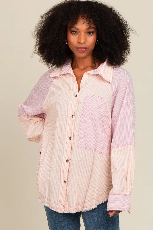 Mauve Striped Button Down Oversized Long Sleeve Top Luxury Fashion for Women