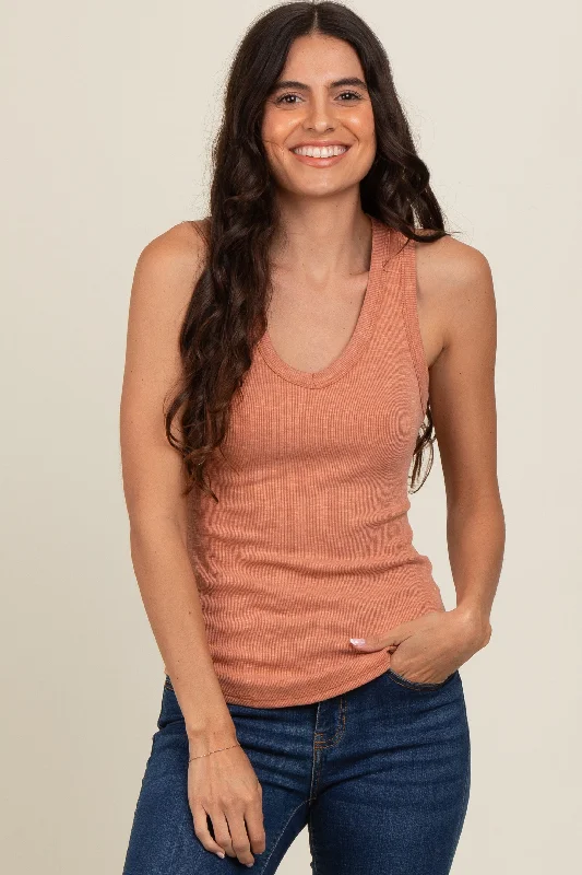 Mauve V-Neck Ribbed Tank Top Latest Trends