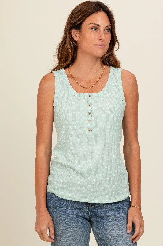 Mint Green Floral Ribbed Henley Tank Top Innovate Your Wardrobe