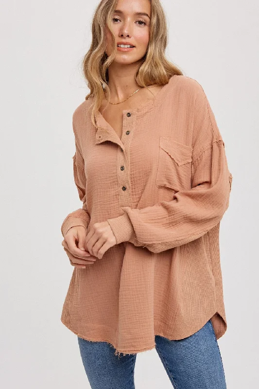 Mocha Lightweight Button Front Tunic Pastel Styles