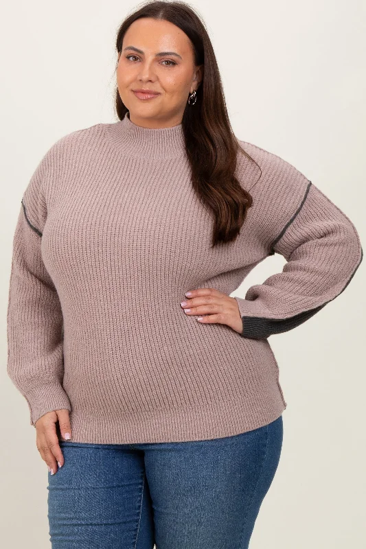 Mocha Mock Neck Colorblock Plus Sweater Trendy Pulse