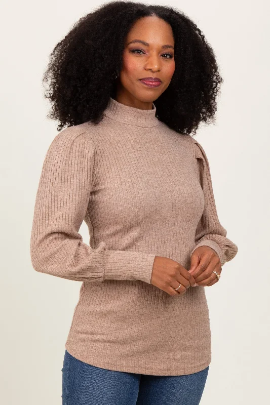 Mocha Ribbed Mock Neck Bubble Sleeve Top Update With Cottagecore Styles