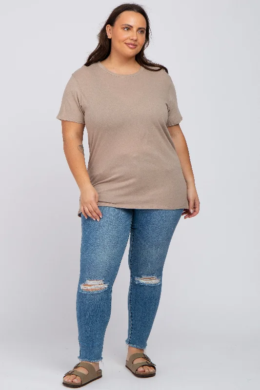 Mocha Solid Short Sleeve Plus Top Best Seller