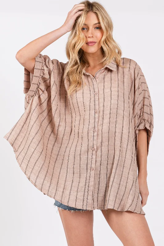 Mocha Striped Collared Oversized Top Modern Romance